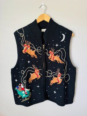 Bechamel Knit Christmas Sweater Vest Womens L Full Zip Applique Embroidered Rein